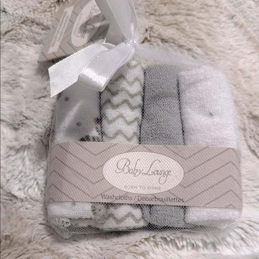 NWT Baby Lounge Washcloths- Set Of 4‎ white & Gray Baby Zebra Waves Solid Gray